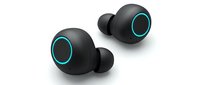 Pair of black wireless earbuds with glowing cyan accents, isolated on white background. Ready for tech product design, marketing materials, and digital applications.