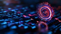 Futuristic circular hologram interface with red and blue neon glow floating above digital surface. Abstract technology visualization with depth of field effect.