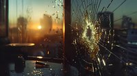 Cracked glass window with spider web fracture pattern against urban sunset backdrop, creating dramatic contrast between damage and golden light.