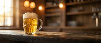 Golden beer mug with frothy foam on rustic wooden bar counter in warm pub atmosphere with bokeh lights for hospitality and beverage marketing.