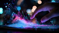 Magical glowing visualization on digital tablet with hand gesture interaction, featuring vibrant pink and blue particles emerging in wave pattern against dark background.