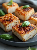 Grilled tofu cubes with crispy caramelized coating and fresh basil leaves served on dark plate, close up view showing texture and char marks on protein.