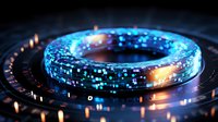 Glowing digital ring with blue light effects and binary data streams on dark background, futuristic technology concept for blockchain and data transfer.