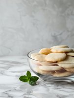 Fresh homemade sugar cookies in glass bowl on marble surface with mint leaf garnish, minimalist food photography with soft natural lighting and copy space.