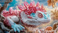 Mystical crystal dragon with pink spikes and blue eyes against cloudy sky, detailed fantasy creature with iridescent scales and ethereal glow for book cover design.