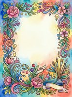 Colorful watercolor floral frame with art supplies, peonies, berries, and swirls, featuring a blank center for text or design.