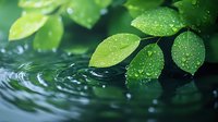 Fresh green leaves with water droplets hanging over rippling water surface, creating a serene natural atmosphere for wellness and environmental concepts.