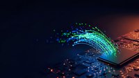 Digital data stream flowing from computer circuit board with glowing blue and green light trails representing cyber technology and information transfer.