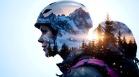 Artistic double exposure portrait combining female silhouette with snowy mountain landscape, pine forest and sunset. Dreamy winter outdoor adventure concept.
