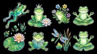 Cute frog clipart set isolated on transparent background, featuring frogs meditating, reading, jumping, with lily pads, dragonfly, and flowers. Ready for stickers, t-shirts, print on demand.