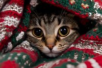 Curious tabby cat peeking out from cozy Christmas blanket with traditional red and green pattern, big golden eyes looking at camera, festive winter mood.