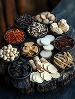 Assorted traditional Chinese herbal medicine ingredients in black ceramic bowls on dark wooden surface. Natural healing concept for alternative medicine and herbalism.