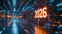 Futuristic digital tunnel with glowing orange 2026 number against dark background with light streaks and motion blur effects creating dynamic perspective.