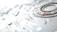 Futuristic circular technology pattern with metallic copper and silver elements on white background, abstract digital interface design with bokeh effect.