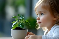 Curious Caucasian toddler girl observing small green plant growing in white pot, environmental education concept with natural window lighting and bokeh background.