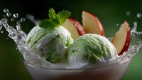 Fresh mint ice cream scoops with apple slices in white bowl, water splash effect on dark green background, cold refreshing summer dessert composition.