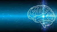 Digital brain outline with glowing circuits and neural pathways on blue technology background for artificial intelligence and machine learning concepts.