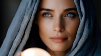 Young Caucasian woman with striking blue eyes wearing gray hooded garment, soft natural lighting creates intimate portrait for fashion and beauty concepts.