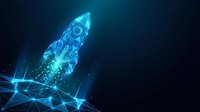 Futuristic rocket launch with glowing blue digital particles and network connections on dark background for technology and innovation concepts.