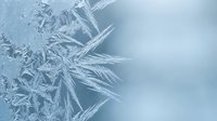 Intricate frost crystals forming delicate ice patterns on glass surface with soft blue winter background for seasonal designs and cold weather concepts.