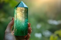 Glowing emerald green crystal point held up against blurred natural background with sunlight shining through translucent mineral specimen, creating magical atmosphere.