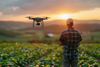 Caucasian male farmer operating drone above agricultural field during golden sunset, monitoring crop growth in flowering field. Modern farming technology.