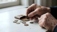 Senior man with wrinkled hands counting coins from empty wallet, depicting financial hardship, poverty, and economic struggle for retirement planning concepts.