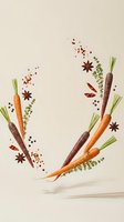 Fresh carrots and aromatic spices floating in mid-air with herbs and peppercorns on neutral background for culinary and cooking designs.
