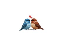 Two adorable birds in love sitting together with red hearts floating above them on white background, isolated for romantic design projects.