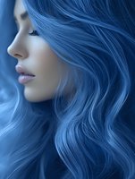 Young Asian woman with flowing blue hair in profile view against dark background, ethereal lighting creates dreamy atmosphere for beauty and fashion concepts.