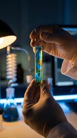 Scientist hands in latex gloves holding test tube with blue green liquid sample in modern laboratory with equipment and warm lighting for research analysis.