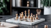 Elegant marble chess board with metallic copper pieces arranged in strategic position against dark background, modern minimalist game setup for business concept.