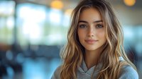 Young Caucasian woman with wavy blonde hair and natural makeup smiling warmly at camera. Wearing casual grey hoodie against blurred modern interior background.