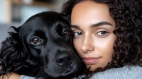 Young Hispanic woman with curly dark hair embracing black Cocker Spaniel dog in close-up portrait showing bond between pet owner and companion animal.