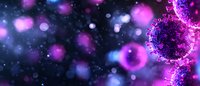 Microscopic virus cell structure in purple and blue neon colors on dark background with bokeh effect and glowing particles showing medical research concept.