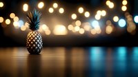 Fresh pineapple on dark reflective surface against blurred bokeh lights background creates magical evening atmosphere for food photography and design.