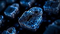 Digital padlock with glowing blue circuit pattern on dark background represents cybersecurity, data protection, and network safety in modern technology.