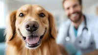 Happy golden retriever smiling at veterinary checkup with male caucasian doctor in white coat and stethoscope in background at modern clinic office.