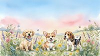 Watercolor puppies sitting in a blooming meadow with colorful wildflowers and butterflies under a pastel sky, cheerful spring scene.