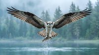 Osprey diving into water with wings spread wide, catching fish in natural forest lake habitat with evergreen trees in misty background.