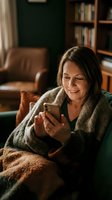 Middle-aged woman of Caucasian ethnicity relaxing on armchair, wrapped in cozy blanket, smiling while using smartphone in warm home library setting with bookshelves and leather furniture.