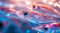 Macro shot of translucent fish head with large eye in vibrant blue and pink lighting, creating dreamy underwater atmosphere with soft bokeh effect in background.