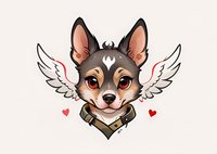 Adorable cartoon chihuahua dog with angel wings and heart symbols, perfect for pet-themed designs, valentines cards, or animal lover merchandise on white background.