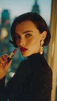 Elegant woman with red lipstick and pearl earrings against city skyline backdrop, holding cosmetic product in warm evening light.