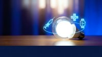 Glowing light bulb with digital medical icons and syringe on wooden surface representing healthcare innovation and telemedicine technology solutions.
