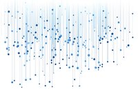 Abstract blue dots connected by vertical lines creating a minimalist pattern on white background, suitable for technology and data visualization projects.