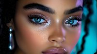 Close up portrait of young African American woman with glitter makeup, bright blue eyes, and flawless skin against turquoise background. Professional beauty photography.
