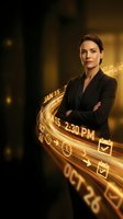 Confident businesswoman with arms crossed wearing black blazer against dark background with glowing golden digital timeline and scheduling elements, representing time management and professional planning.