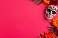 Mexican sugar skull with orange gerbera flowers and palm leaves creating border frame on bright pink background. Copy space for Day of Dead celebration.
