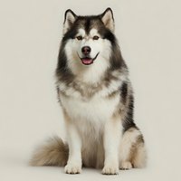 Majestic Alaskan Malamute dog with black and white fur sitting against neutral beige background, looking at camera with friendly expression.
